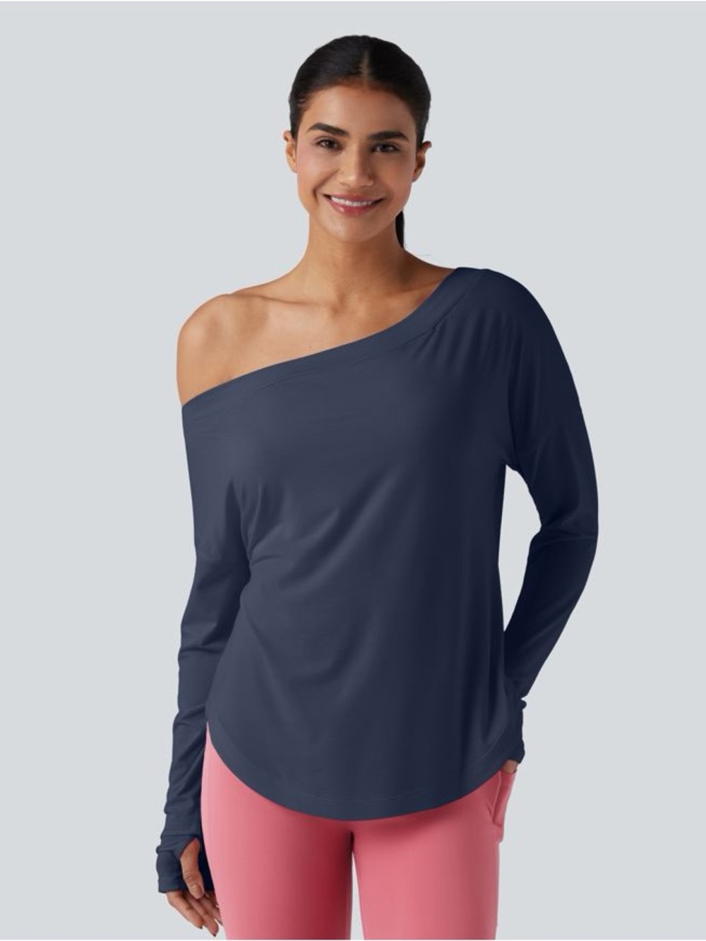 HALARA Women’s Off-Shoulder Long Sleeve Top with Built In Bra